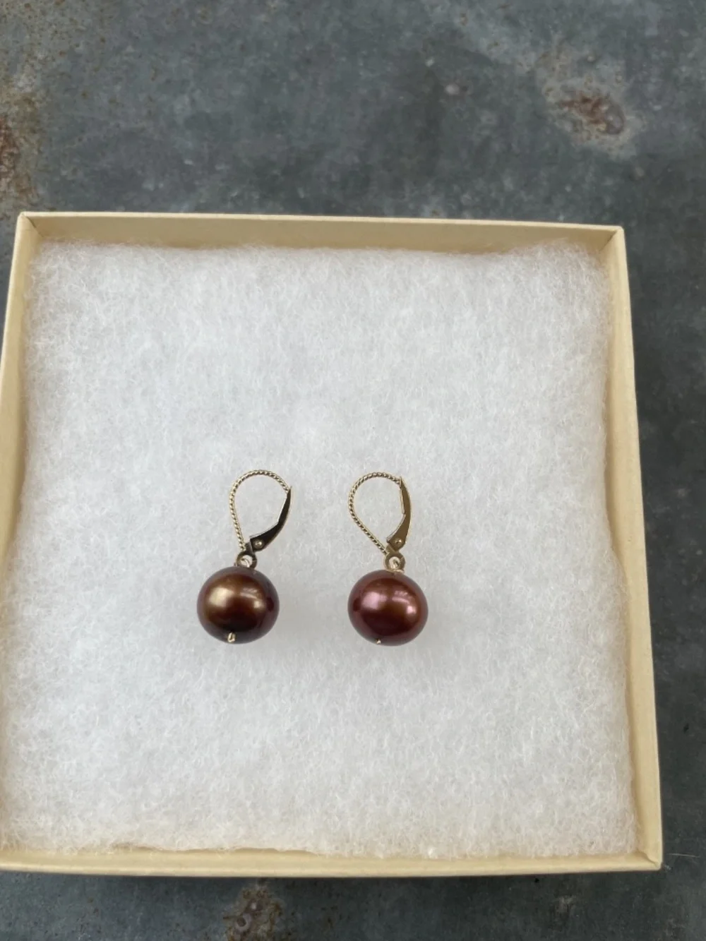 14k Gold stamped Burgundy/Maroon 10mm Pearl Drop Earrings - Picture 7 of 7
